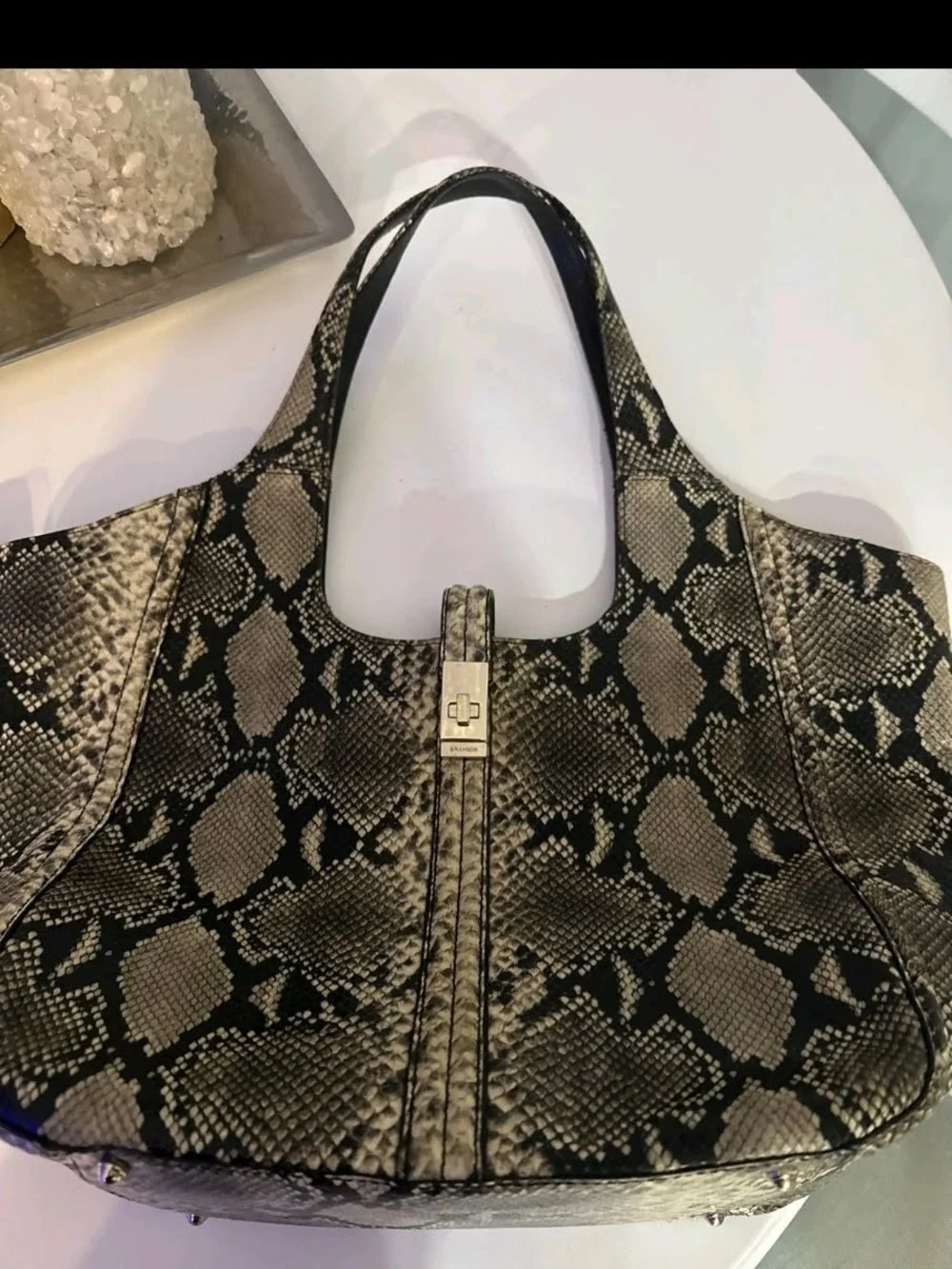 Python-Print Shoulder Bag in Black and Cream